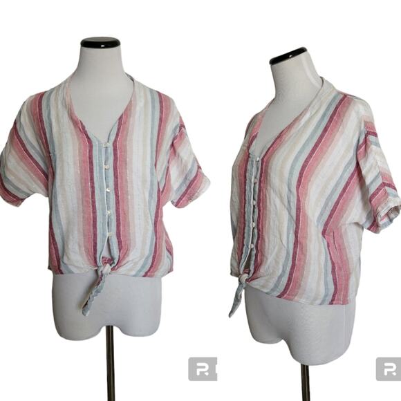 Rails Thea Tropical Stripe Button Down Tie Front Top Pink and White Extra Small - Picture 11 of 11